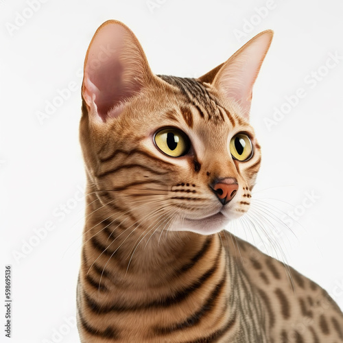 Adorable ocicat cat portrait looking at camera on white isolated background as concept of domestic pet in ravishing hyper realistic detail by Generative AI. Generative AI photo