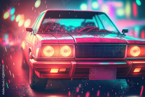 80s styled abstract retro car. Vintage automotive design in neon lights. Generated AI.