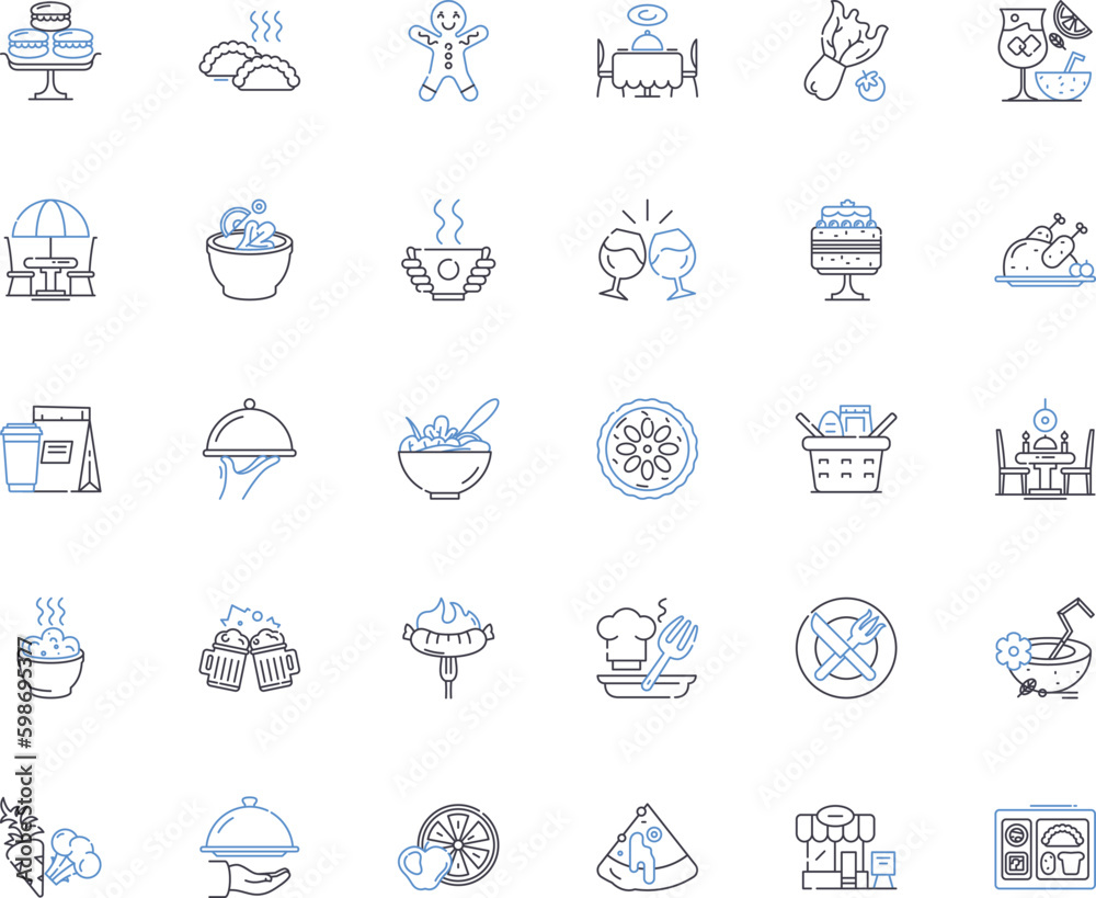 Tasty cookery line icons collection. Delicious, Flavorful, Mouth-watering, Gourmet, Savory, Satisfying, Scrumptious vector and linear illustration. Yummy,Tantalizing,Delectable outline Generative AI