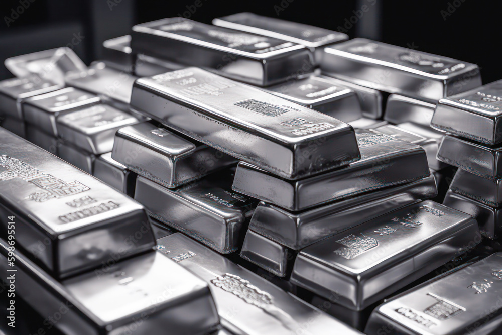 Stack of silver bullion bars. Fictitious text, fictitious design. Generative AI Stack of silver bullion bars. Fictitious text, fictitious design. Generative AI