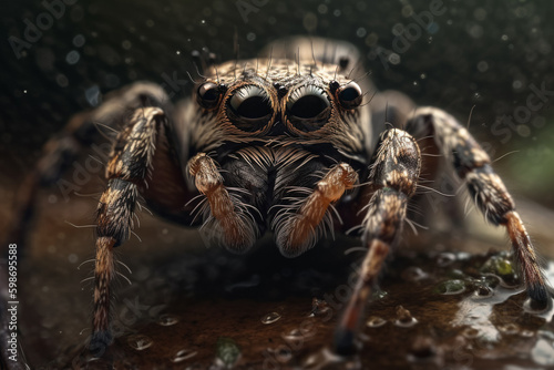 A spider with big eyes sits on a wet surface. Generative Ai