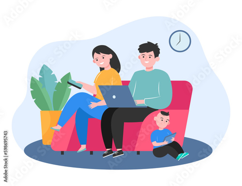 Family members using different devices vector illustration. Wife and husband on couch with smartphone and laptop, son playing on tablet. Family, phone addiction, social media concept Generative AI