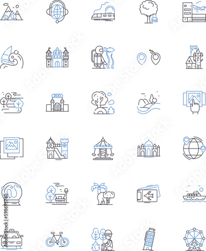 Wanderlust tourism line icons collection. Adventure, Culture, Exploration, Discovery, Nature, Expedition, Journey vector and linear illustration. Escape,Discovery,Trekking outline signs Generative AI