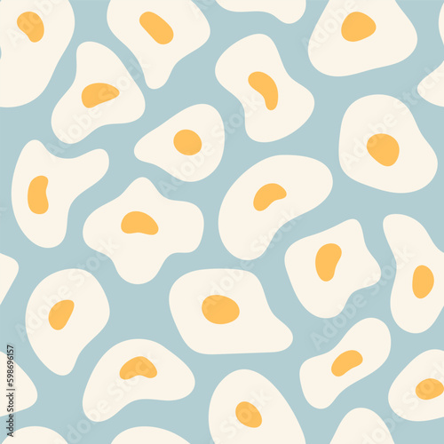 Fried eggs seamless pattern wallpaper on blue background. Flat simple design for textile, wrapping paper, banner, backdrop. Abstract liquid shapes in the form of fried eggs