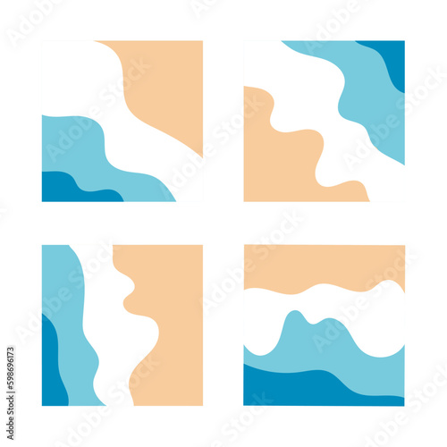 Beach background for social media with sky, sand, sun. Ocean landscape top view. Sea waves from above, cartoon seaside, beach aerial scene, isolated square cards. Vector set