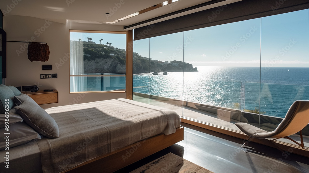 Fototapeta premium A bedroom with a view of the ocean. Generative Ai