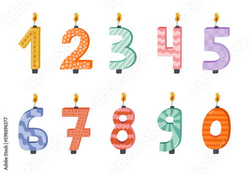 Cute set with birthday number candles from 0 to 9 with burning flames in scandinavian style. Decoration for holiday cake for celebration anniversary, birthday, wedding. Stylized hand drawn clipart. photo