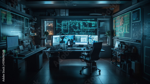 A dark room with a desk and two monitors with the words game code on the top right. generative ai