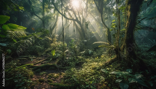 Tranquil scene of wet tropical rainforest growth generated by AI