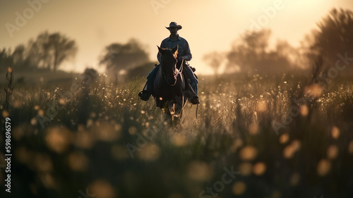 A cowboy rides a horse through a field of flowers. generative ai