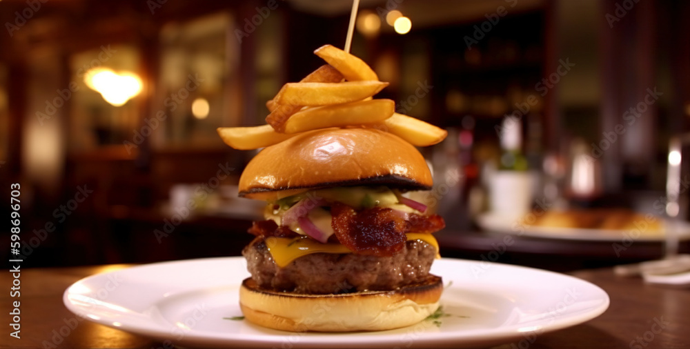 Juicy tasty hamburger on the table. Fast food image of a burger with grilled meat. Generated AI. Juicy tasty hamburger on the table. Fast food image of a burger with grilled meat. Generated AI.