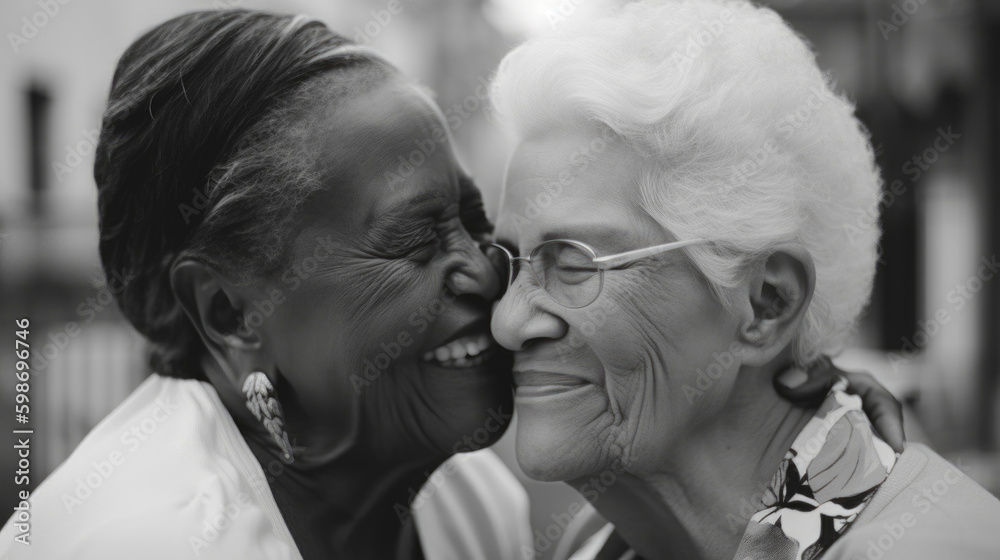 Old women lesbian couple. Black and Caucasian female in love. LGBT pride month celebration generative ai Old women lesbian couple. Black and Caucasian female in love. LGBT pride month celebration generative ai