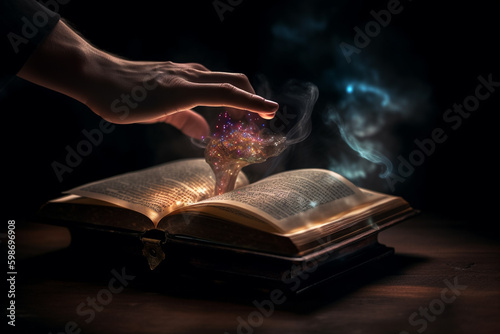 A hand is sprinkling magic on a book. generative ai