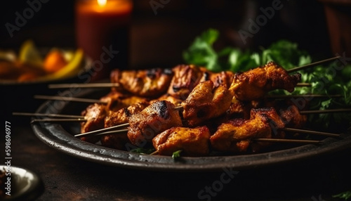 Grilled yakitori skewers, savory meat on stick generated by AI