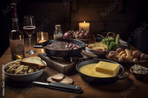 A table with a table full of food including cheese, bread, and cheese. generative ai
