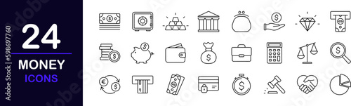 Money web icons set. Money - simple thin line icons collection. Containing wallet, ATM, piggy bank, cash, credit cards, money bag, currency exchange, coins and more. Simple web icons set