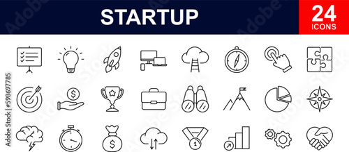 Startup web icons set. Startup - simple thin line icons collection. Containing strategy, business innovation report, development plan, startup space rocket and more. Simple web icons set