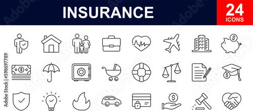 Insurance web icons set. Insurance - simple thin line icons collection. Containing car protection, health Insurance, contract, travel insurance, risk, help service and more. Simple web icons set