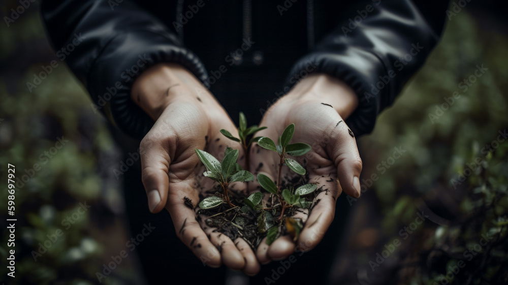 Fototapeta premium Hands holding plants with the word plant on the bottom left. generative ai