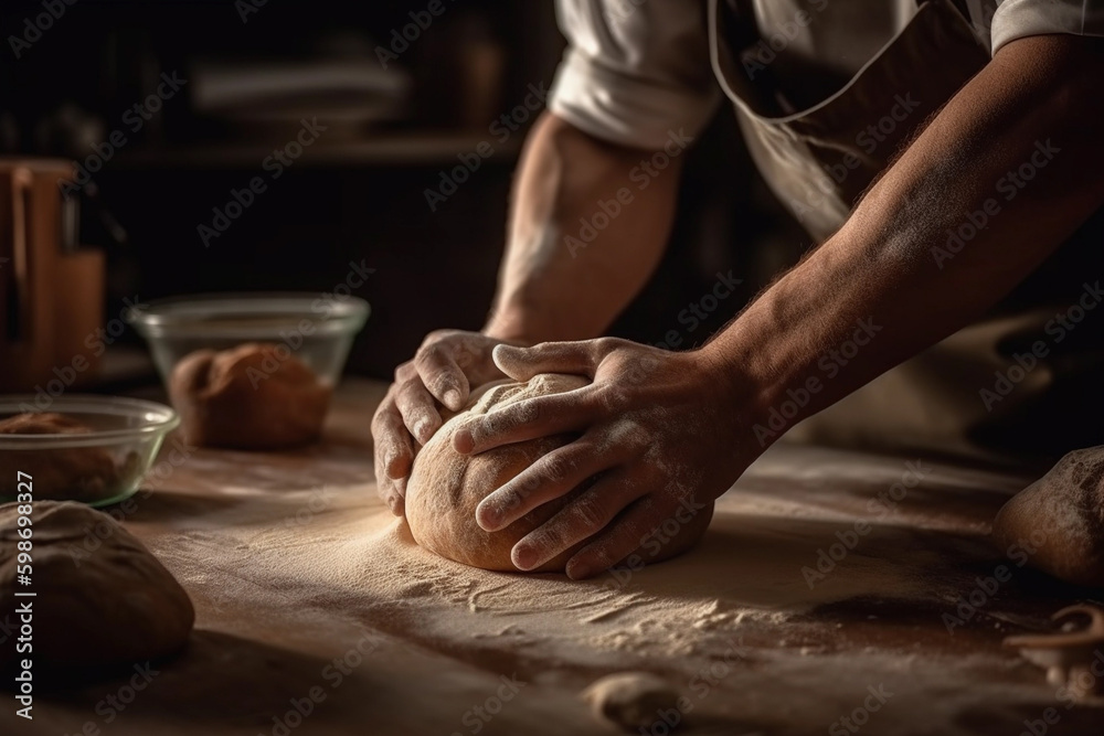 Fototapeta premium A baker's hands kneading dough. generative AI