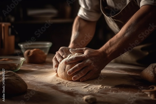 A baker's hands kneading dough. generative AI