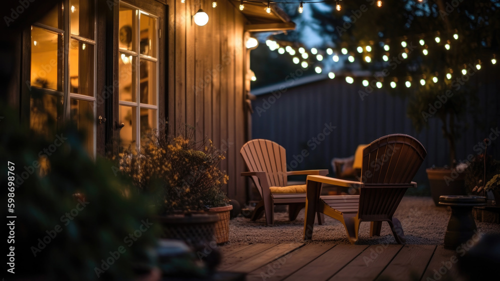 outdoor patio space with cozy seating, string lights, and a fire pit, perfect for summer evenings, Generative AI