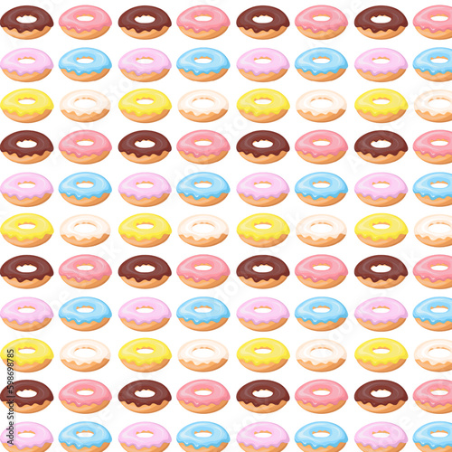 Colorful glazed donut seamless pattern. Sweet birthday pastry. Confectionery dessert. For menu design,cafe decoration,delivery box,textile,wallpaper,fabric,decor. Vector illustration in flat style