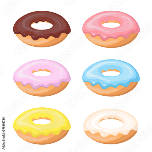Colorful glazed donut set on white background. Set sweet birthday pastry. Confectionery dessert. For menu design, cafe decoration, delivery box. Vector illustration in flat style