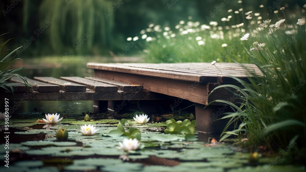 pond scene, with water lilies floating on the water's surface and a charming wooden footbridge, summer, Generative AI pond scene, with water lilies floating on the water's surface and a charming wooden footbridge, summer, Generative AI