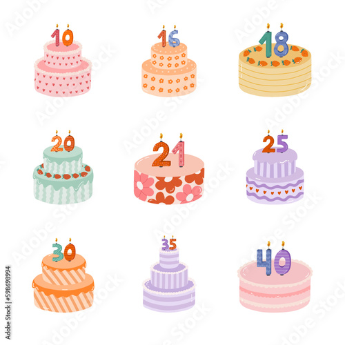 Set of birthday cake with burning candles in the form of numbers. Dessert for celebration each year of birth  anniversary. Stylized hand drawn clipart of holiday cupcake in the scandinavian style.