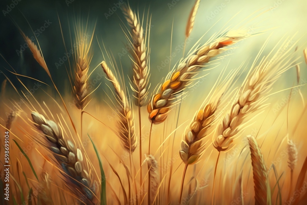 Close-up of Wheat Ears in a Field of Agriculture, Generative AI