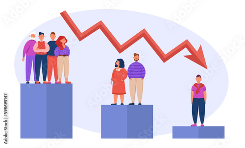 Demographic shift chart vector illustration. Birth rate decrease on diagram, extended family to one child family on white background. Demographic decline, population concept Generative AI
