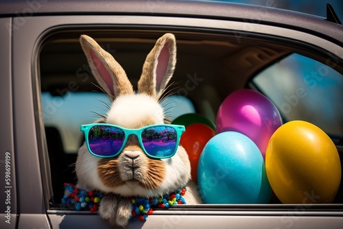 Adorable Easter Bunny Wearing Sunglasses Peeking Out of a Car Full of Easter Eggs, Generative AI