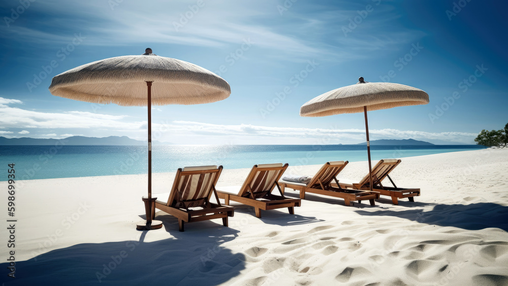 set of wooden beach chairs and umbrellas, arranged on a pristine white sand beach with the crystal clear ocean in the distance, summer, Generative AI