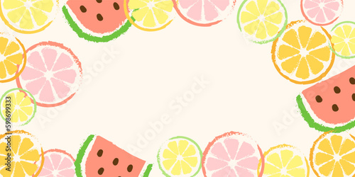 Hello Summer. Horizontal vector background in a retro style with watermelon and orange slices