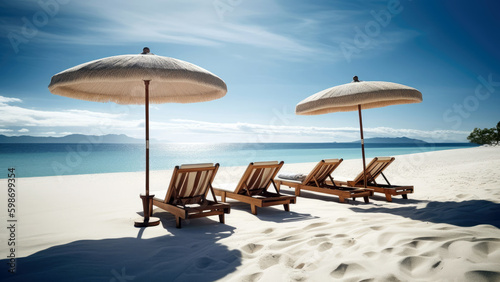 set of wooden beach chairs and umbrellas  arranged on a pristine white sand beach with the crystal clear ocean in the distance  summer  Generative AI
