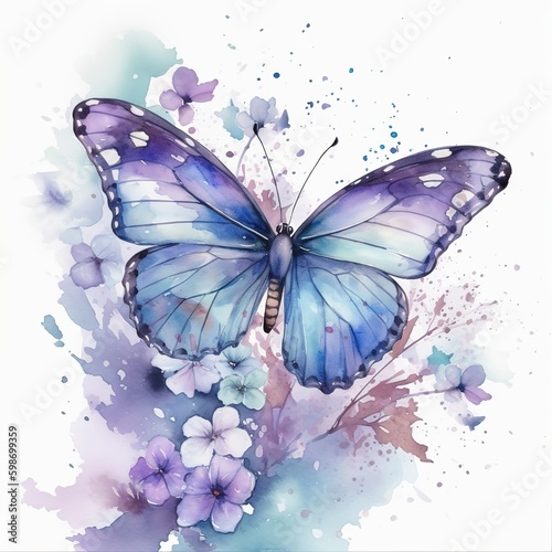 Watercolor purple butterfly on floral branch pattern for greeting cards, wallpaper illustrations postcards, birthday valentines day
