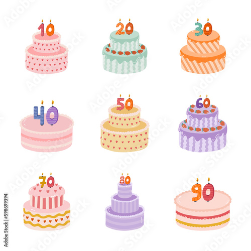 Set of birthday cake with burning candles in the form of numbers. Dessert for celebration each year of birth  anniversary. Stylized hand drawn clipart of holiday cupcake in the scandinavian style.