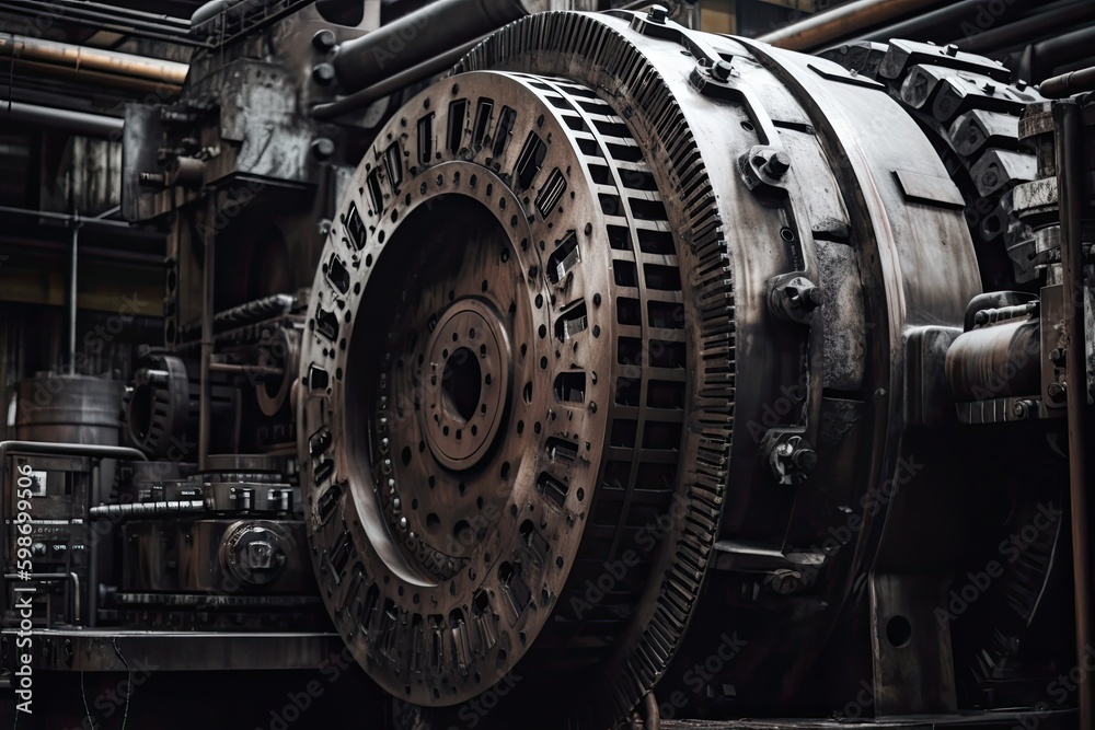 Closeup of a Giant Machine in a Factory: A Look at Its Intricate Details and Metal Textures, the Concept of Detailed Industrial Manufacturing Equipment. Generative AI