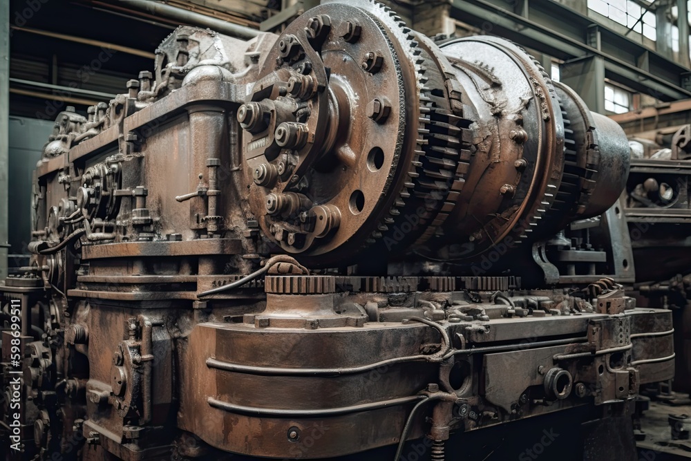 Close-up View of a Giant Manufacturing Machine in a Factory: Exploring its Intricate Details, Textures and Metal Structure, Generative AI