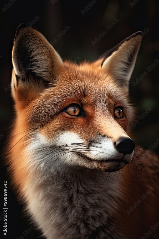 Closeup Portrait of a Wild Fox - Its Nocturnal Scavenging Fur Glistening. Generative AI Closeup Portrait of a Wild Fox - Its Nocturnal Scavenging Fur Glistening. Generative AI