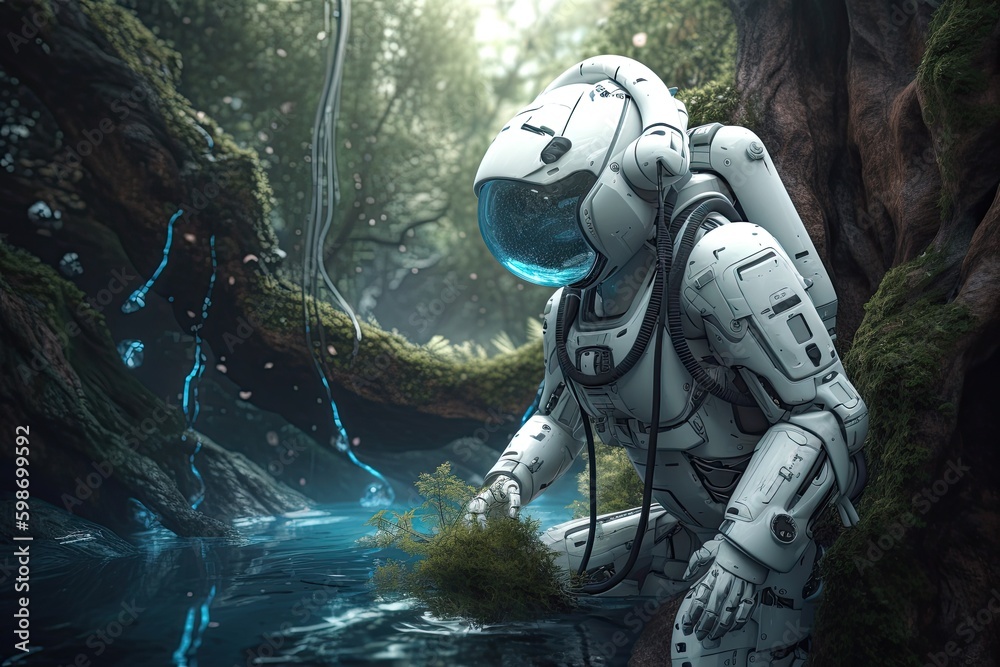 Fototapeta premium Conquering Galaxies and Space - Futuristic White Warrior Astronaut Robot in Cyber Suit and Helmet Plants and Waters a Tree - A Fictional 3D Illustration. Generative AI