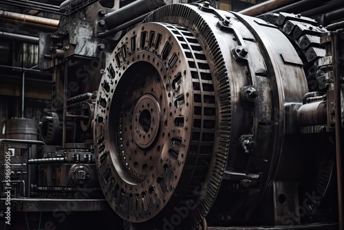 Closeup of a Giant Machine in a Factory: A Look at Its Intricate Details and Metal Textures, the Concept of Detailed Industrial Manufacturing Equipment. Generative AI