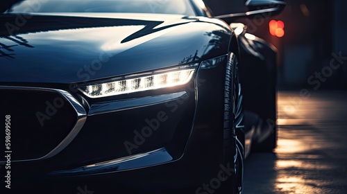 Closeup of a Luxury Sports Car Design: Front View with Lens Flare on a Black Bokeh Background, Generative AI