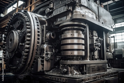 Closeup of Giant Machine in Factory: Intricate Details & Industrial Textures Tell a Complex Story of Manufacturing and Technology: Generative AI