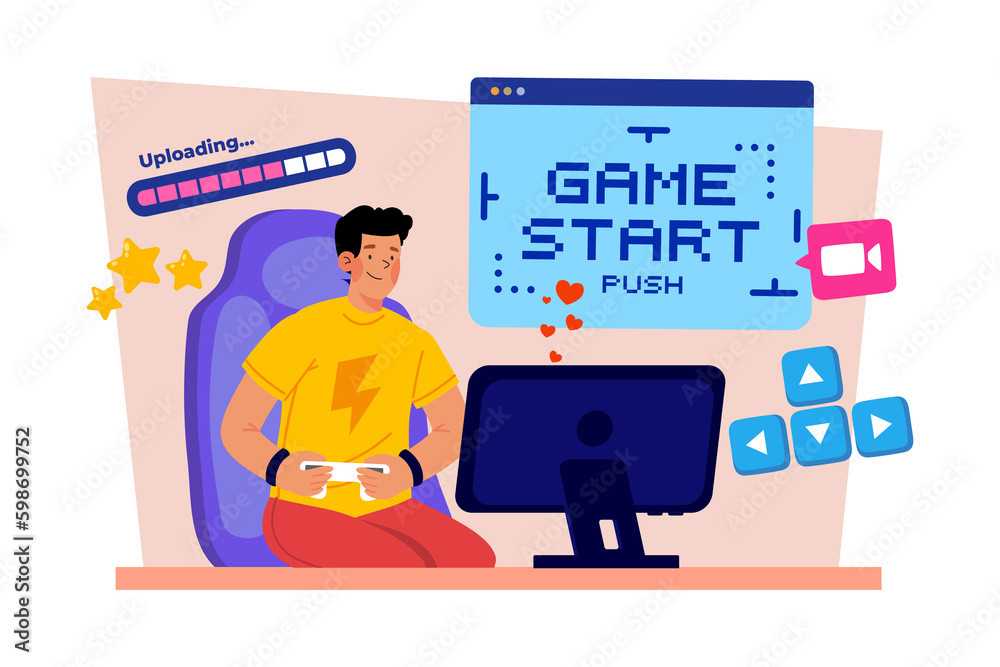 A video game streamer plays video games live for their followers. A video game streamer plays video games live for their followers.