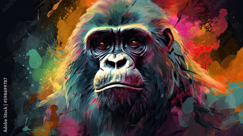 Dangerous Fantasy: A Colorful Gorilla Portrait from Uganda's Tropical Wildlife, Generative AI