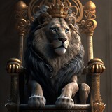 Close-up Illustration of a Royal Lion Sitting on a Throne, Generative AI
