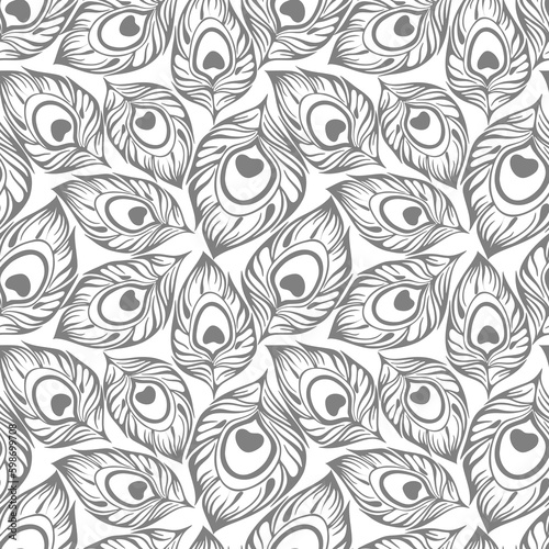 seamless contour pattern of gray peacock feathers on a white background, texture, design