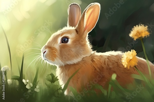 Cute Bunny Rabbit in a Colorful Garden: Fluffy Ears, Whiskers, and Furry Fun, Generative AI © Serhii